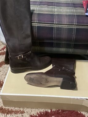 Michael Kors Dark Brown Leather Mid-Calf Riding Boots with Buckle